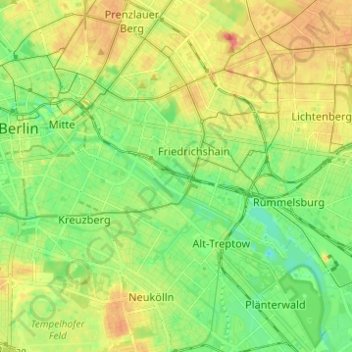 Mapa topográfico Friedrichshain-Kreuzberg, altitud, relieve