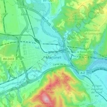 Mapa topográfico Martorell, altitud, relieve