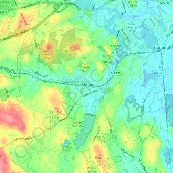 Mapa topográfico Ashland, altitud, relieve