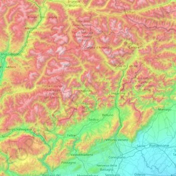 Mapa topográfico Dolomieten, altitud, relieve