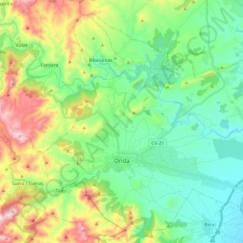 Mapa topográfico Onda, altitud, relieve
