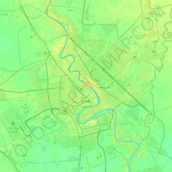 Mapa topográfico Baghdad, altitud, relieve