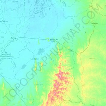 Mapa topográfico Ciénaga de Oro, altitud, relieve