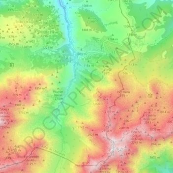 Mapa topográfico Sotres, altitud, relieve