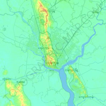 Mapa topográfico Rangún, altitud, relieve