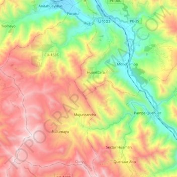 Mapa topográfico Huaro, altitud, relieve