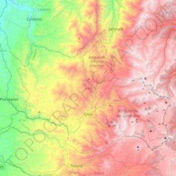 Mapa topográfico Silvia, altitud, relieve