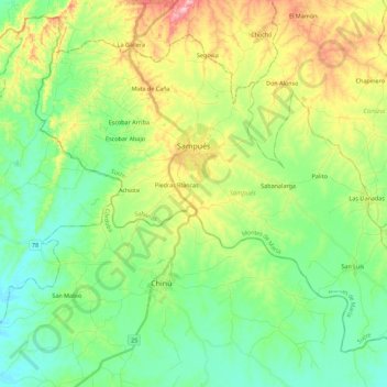 Mapa topográfico Sampués, altitud, relieve