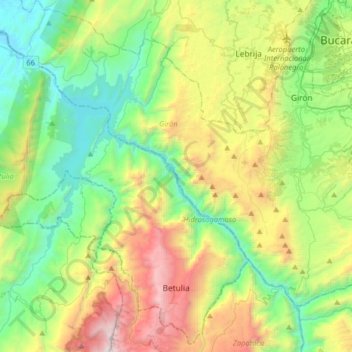 Mapa topográfico Betulia, altitud, relieve