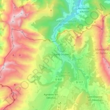 Mapa topográfico Saint-Disdier, altitud, relieve