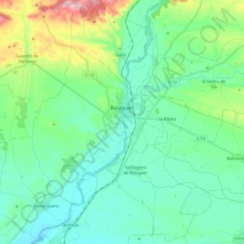 Mapa topográfico Balaguer, altitud, relieve