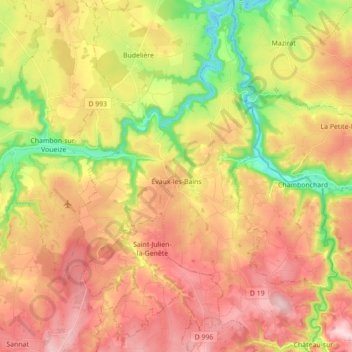 Mapa topográfico Évaux-les-Bains, altitud, relieve