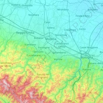 Mapa topográfico Modena, altitud, relieve