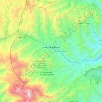 Mapa topográfico Ciudad Bolívar, altitud, relieve
