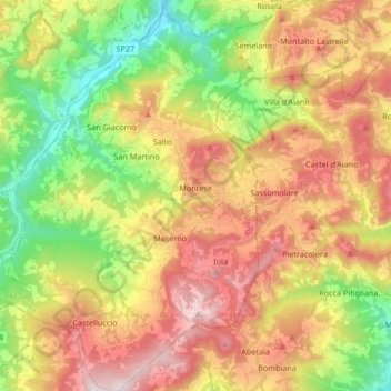 Mapa topográfico Montese, altitud, relieve