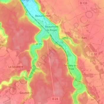 Mapa topográfico Beaumont-le-Roger, altitud, relieve