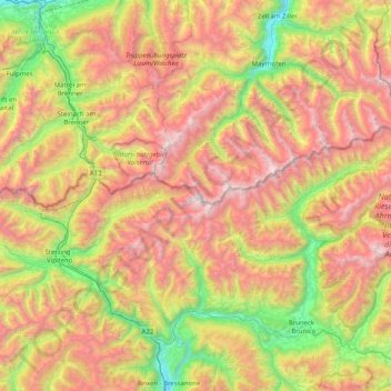 Mapa topográfico Zillertaler Alpen, altitud, relieve