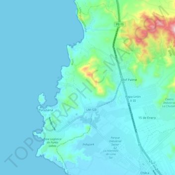 Mapa topográfico Pucusana, altitud, relieve