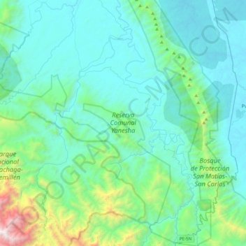 Mapa topográfico Reserva Comunal Yanesha, altitud, relieve