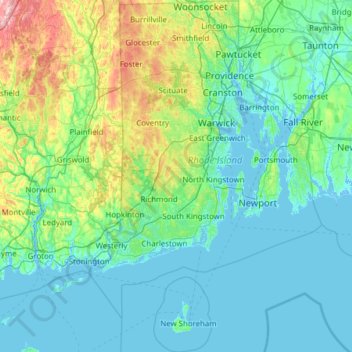 Mapa topográfico Rhode Island, altitud, relieve
