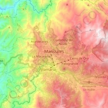 Mapa topográfico Perímetro Urbano Manizales, altitud, relieve