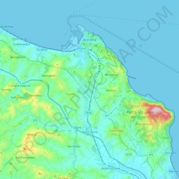 Mapa topográfico Ancona, altitud, relieve