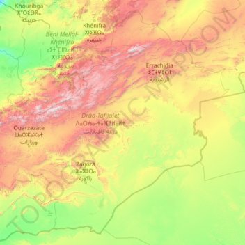 Mapa topográfico Drâa-Tafilalet ⴷⴰⵔⵄⴰ-ⵜⴰⴼⵉⵍⴰⵍⵜ درعة-تافيلالت, altitud, relieve