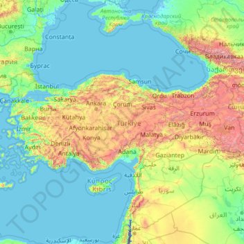 Mapa topográfico Turkije, altitud, relieve