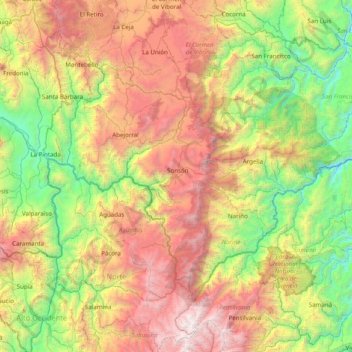 Mapa topográfico Sonsón, altitud, relieve
