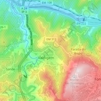 Mapa topográfico Valdigem, altitud, relieve