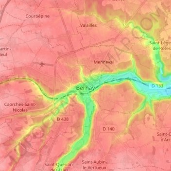 Mapa topográfico Bernay, altitud, relieve