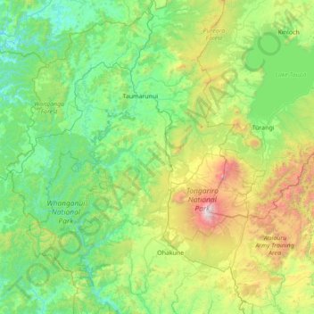 Mapa topográfico Ruapehu District, altitud, relieve