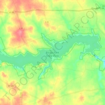 Mapa topográfico Rocky Fork Lake, altitud, relieve