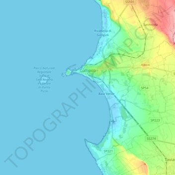 Mapa topográfico Gallipoli, altitud, relieve