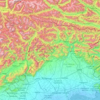 Mapa topográfico Alpi Carniche, altitud, relieve