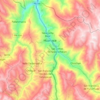 Mapa topográfico Huariaca, altitud, relieve