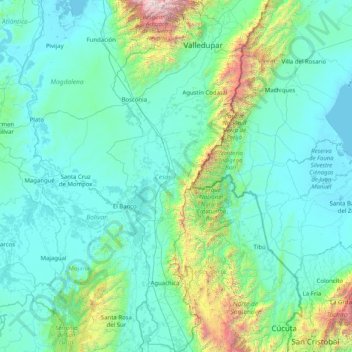 Mapa topográfico Cesar, altitud, relieve
