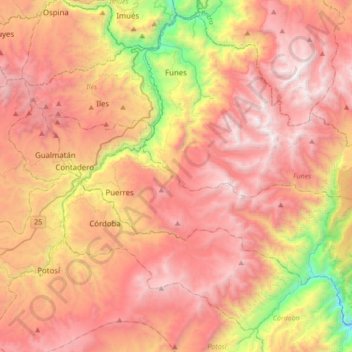 Mapa topográfico Funes, altitud, relieve