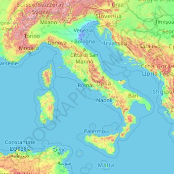 Mapa topográfico Italië, altitud, relieve