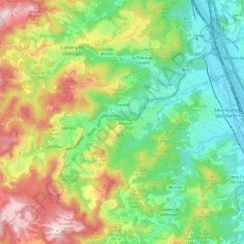 Mapa topográfico Cervelló, altitud, relieve