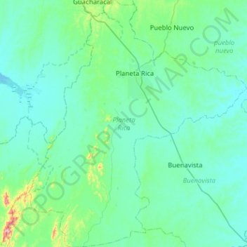 Mapa topográfico Planeta Rica, altitud, relieve
