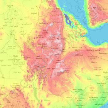Mapa topográfico Etiopía, altitud, relieve