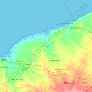 Mapa topográfico Manaure, altitud, relieve