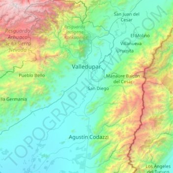 Mapa topográfico Valledupar, altitud, relieve