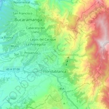 Mapa topográfico Floridablanca, altitud, relieve