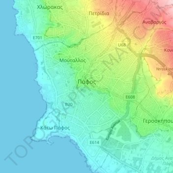Mapa topográfico Pafos, altitud, relieve
