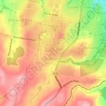 Mapa topográfico Downlands, altitud, relieve