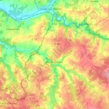 Mapa topográfico Rochechouart, altitud, relieve