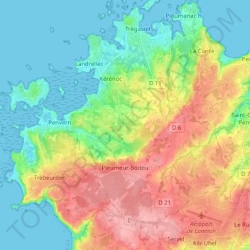 Mapa topográfico Pleumeur-Bodou, altitud, relieve