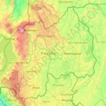 Mapa topográfico Ruanda, altitud, relieve